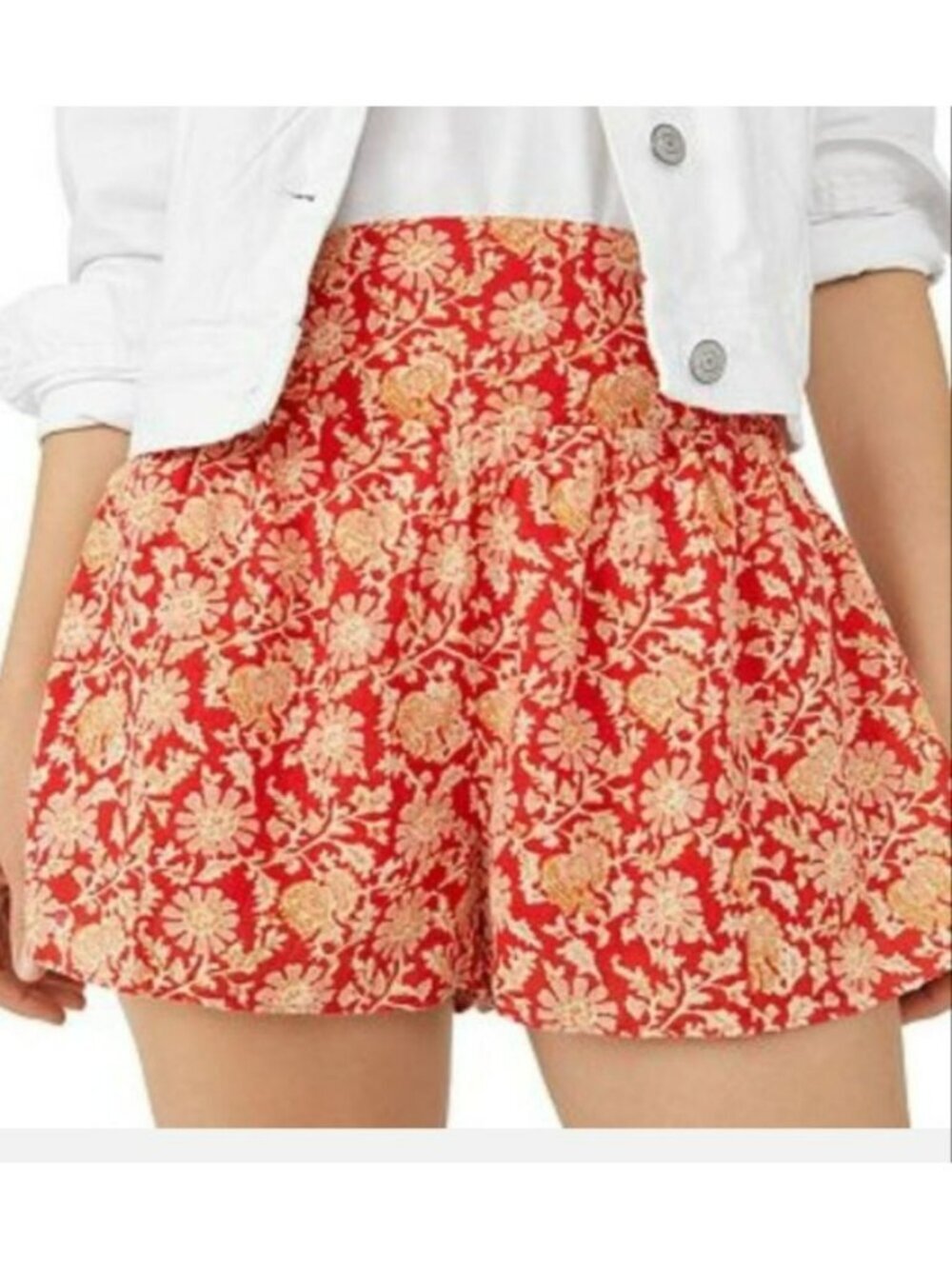 Free People Floral Red Smocked Waist Womens Shorts XS Lightweight Lined